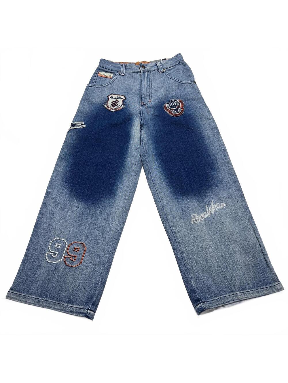 RocaWear Y2K Wide Leg Baggy Jeans Kids 8 Deadstock NWT Vintage Patches Contrast